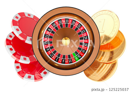 Casino Roulette with poker chips and golden coins. 3D rendering Casino Roulette with poker chips and golden coins. 3D rendering 125225037