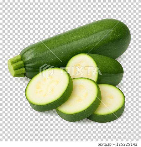 Fresh Zucchini With Sliced Pieces Arranged on a White Background for Culinary Use 125225142