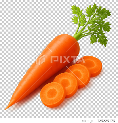 Fresh Orange Carrot With Sliced Rounds Arranged on a White Surface for Healthy Cooking 125225173