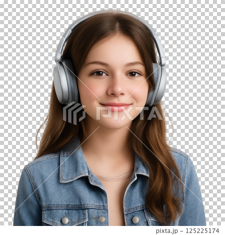 Young Girl Wearing Headphones While Smiling in Casual Attire Indoors 125225174