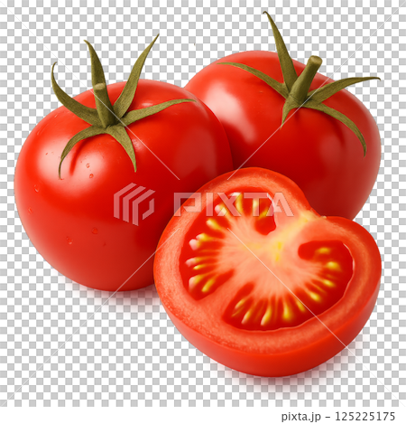 Fresh Red Tomatoes With One Sliced Open Showing Juicy Interior on White Background 125225175