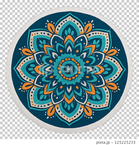 Colorful Mandala Design on Round Textile With Intricate Patterns and Vibrant Hues 125225233