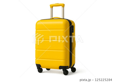 Bright Yellow Suitcase Standing on a White Surface Ready for Travel With a Stylish Design 125225284