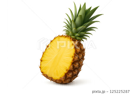 Freshly Cut Pineapple With Vibrant Yellow Flesh and Green Crown Displayed on Clean White Background 125225287