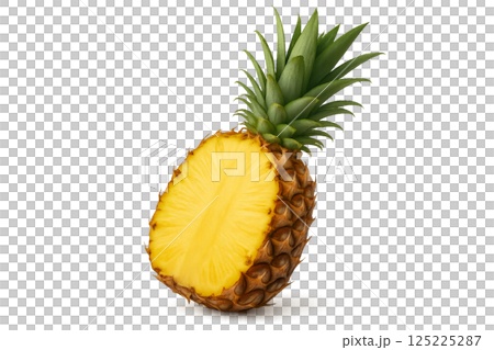 Freshly Cut Pineapple With Vibrant Yellow Flesh and Green Crown Displayed on Clean White Background 125225287