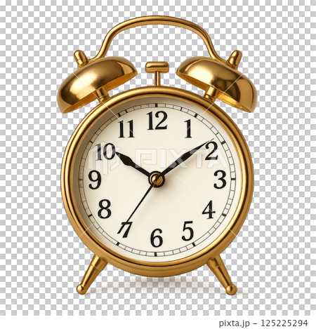 Vintage Gold Alarm Clock Showing Time in a Classic Design on a White Background 125225294