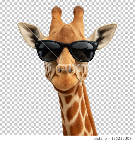 Giraffe Wearing Sunglasses Showing a Playful Expression on a Bright Day Giraffe Wearing Sunglasses Showing a Playful Expression on a Bright Day 125225307