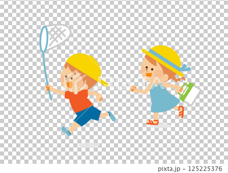 虫取り　夏休みの子供たち　イラスト素材 125225376