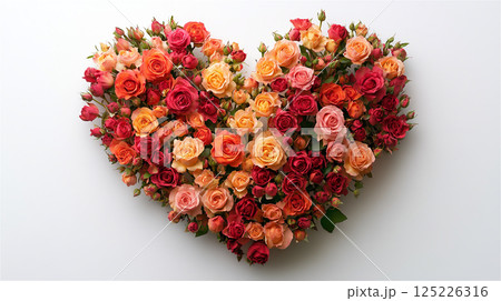 カラフルなバラでハートを形作ったフラットレイ 125226316