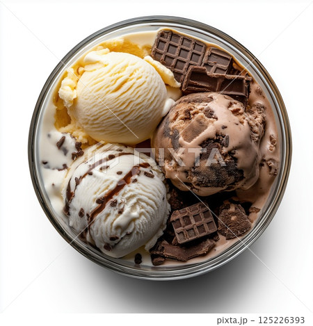 Ice cream with chocolate and vanilla in a bowl isolated on white background 125226393