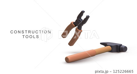 Construction Tools With 3D Hammer And Pliers For Building, Repair, DIY, Maintenance, Home Improvement, Engineering, And Craftsmanship Concepts, Perfect For Projects, Vector Illustration. 125226665