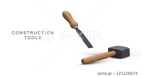 Construction Tools Featuring Hammer And Chisel For DIY, Repair, Building, Workshop, Home Renovation, Craftsmanship, Engineering, Clean 3D Render On White, Vector Illustration. Construction Tools Featuring Hammer And Chisel For DIY, Repair, Building, Workshop, Home Renovation, Craftsmanship, Engineering, Clean 3D Render On White, Vector Illustration. 125226674
