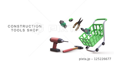 Construction Tools Shopping Cart, 3D Icons With Drill, Hammer, Pliers, Tape Measure, Allen Keys, Repair And DIY Equipment For Home Improvement And Building Projects, Vector Illustration. Construction Tools Shopping Cart, 3D Icons With Drill, Hammer, Pliers, Tape Measure, Allen Keys, Repair And DIY Equipment For Home Improvement And Building Projects, Vector Illustration. 125226677