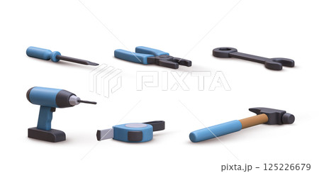 Construction Tools 3D Icons, Power Drill, Hammer, Screwdriver, Pliers, Wrench, Measuring Tape, Handyman Repair Equipment, DIY Home Improvement Kit, Isolated On White Background, Vector Illustration. 125226679