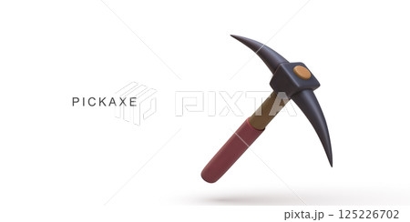 Pickaxe Tool For Mining, Construction, And Survival Projects In Minimal 3D Style With Red Handle And Black Head On White Background, Perfect For Outdoor And Adventure Concepts, Vector Illustration. 125226702