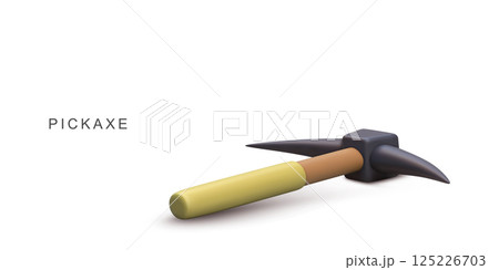 Pickaxe Tool For Mining, Construction, And Geology Projects In Minimal 3D Style With Yellow Handle And Black Head On White Background, Ideal For Outdoor And Survival Themes, Vector Illustration. 125226703