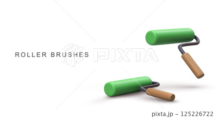 Paint Roller Brush Set With Green Rollers And Wooden Handles For Wall Painting, Renovation, Decoration, Construction And Home Improvement On White Background, Vector Illustration. 125226722