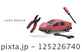 Car Repair Tools and Vehicle in Minimal 3D Style. Clean Isometric Illustration Featuring Wrench, Pliers, Screwdriver, and Red Car. Perfect for Auto Service Themes. Vector Illustration. 125226740