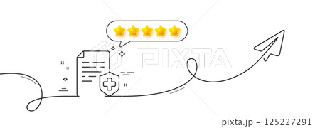 Medical certificate line icon. Continuous line with share plane. Medicine service sign. Healthcare policy symbol. Five star rate review in speech bubble. Medical certificate single line ribbon. Vector Medical certificate line icon. Continuous line with share plane. Medicine service sign. Healthcare policy symbol. Five star rate review in speech bubble. Medical certificate single line ribbon. Vector 125227291