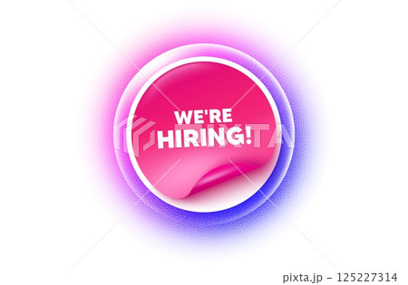 Hiring sticker purple gradient. Paper offer price tag. We are hiring tag. Recruitment agency sign. Hire employees symbol. Sticker label. Grain dots effect. Vector 125227314