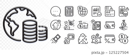 Salary, Difficult stress and Tax calculator line icons for web app. Glare of light effect. Message icon. Pack of Card, Buying accessory, Checked calculation pictogram icons. Vector 125227504