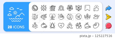 Worms, Eco organic and Apple carrot line icons. Interest rate, AI generate, Inflation icons. Pack of Sea mountains, Refill water, Vegetables cart icon. Vector 125227516