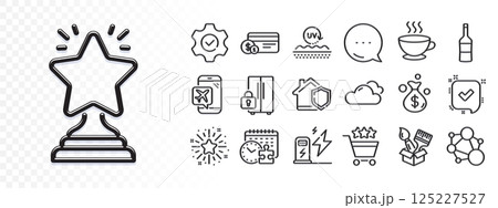Refrigerator, Home insurance and Wine line icons for web app. Glare of light effect. Message icon. Pack of Confirmed, Money bag, Flight mode pictogram icons. Winner, Execute, Puzzle time signs. Vector 125227527