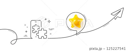 Phone puzzle line icon. Continuous line with share plane. Smartphone app sign. Cellphone mobile device symbol. 3d star in speech bubble. Phone puzzle single line ribbon. Loop curve pattern. Vector 125227541