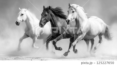 3頭の馬が並んで疾走する芸術的なショット、白黒トーン、力と優雅の融合 125227650