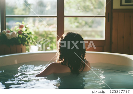A woman is sitting in a bathtub with her hair wet 125227757