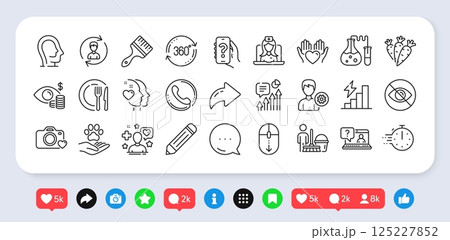 Consumption growth, Telemedicine and Carrots line icons pack. Social media: share, comment, like icons. Business vision, Pencil, Pets care web icon. Cleaning, Call center, Brush pictogram. Vector 125227852