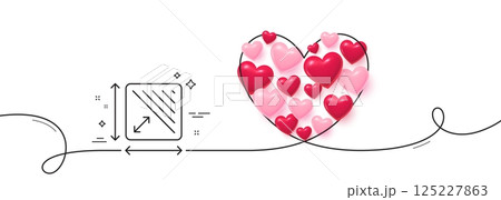 Square area line icon. Continuous line big heart. Room dimension sign. Territory measurement symbol. 3d hearts in heart shaped loop. Square area single line ribbon. Loop curve pattern. Vector 125227863