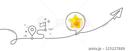 Journey line icon. Continuous line with share plane. Road path sign. Route map distance symbol. 3d star in speech bubble. Journey single line ribbon. Loop curve pattern. Vector 125227889