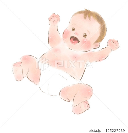 笑顔で寝転ぶ赤ちゃんの水彩イラスト 125227989