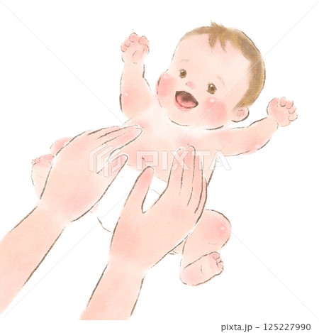 ベビーマッサージをしている母親の手と笑顔の赤ちゃんの水彩イラスト 125227990