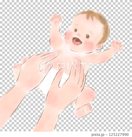 ベビーマッサージをしている母親の手と笑顔の赤ちゃんの水彩イラスト 125227990
