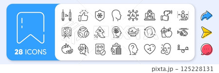 Leaves, Bio shopping and Juice line icons. Interest rate, AI generate, Inflation icons. Pack of Anxiety, Cardio training, Head icon. Vector 125228131