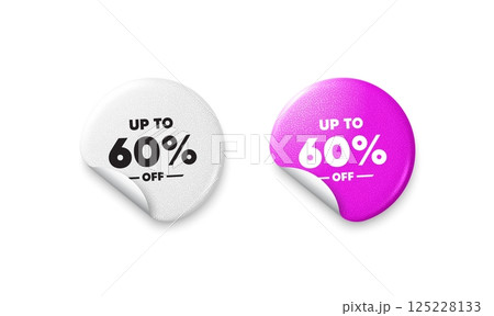 Discount tag sticker tags. Glitter paper price badge. Up to 60 percent off sale. Discount offer price sign. Special offer symbol. Save 60 percentages. Offer round sticker. Promo banner. Vector 125228133