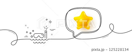 Travel scuba diving line icon. Continuous line with 3d star. Trip swimming sign. Holidays symbol. 3d star in speech bubble. Scuba diving single line ribbon. Loop curve pattern. Vector 125228134