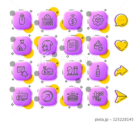 Chess, Bitcoin system and Copy documents line icons. App 3d buttons. Social media comment, share, like icons. Pack of Dirty t-shirt, Direction, Swipe up icon. Vector 125228145