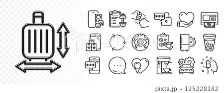 Baggage size, Bitcoin think and Atm line icons for web app. Glare of light effect. Message icon. Pack of Volunteer, Ice tea, Recycling pictogram icons. Vector 125228182