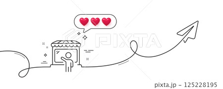Market seller line icon. Continuous line with share plane. Wholesale store buyer sign. Retail marketplace symbol. Hearts rate review in speech bubble. Market seller single line ribbon. Vector Market seller line icon. Continuous line with share plane. Wholesale store buyer sign. Retail marketplace symbol. Hearts rate review in speech bubble. Market seller single line ribbon. Vector 125228195