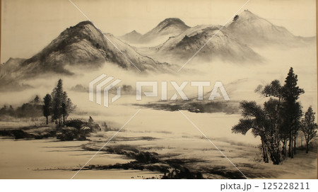 墨の濃淡で描かれた幻想的な山水風景 墨の濃淡で描かれた幻想的な山水風景 125228211