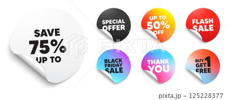 Discount sticker tag. Special offer paper price tags. Save up to 75 percent. Discount Sale offer price sign. Special offer symbol. Discount, black friday sticker. Promo banner. Vector 125228377