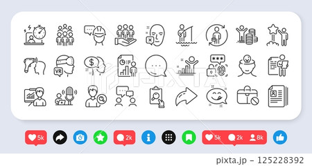 Biometric security, Timer and Pay line icons pack. Social media: share, comment, like icons. Business report, Face declined, Mental health web icon. Podcast, Fisherman, Star pictogram. Vector 125228392