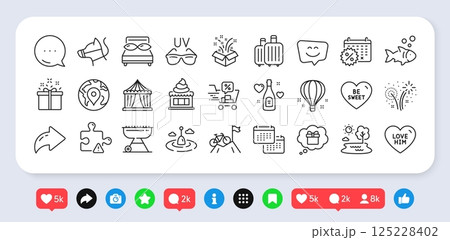 Smile face, Puzzle and Gift dream line icons pack. Social media: share, comment, like icons. Circus tent, Air balloon, Fireworks web icon. Pillows, Baggage, Special offer pictogram. Vector Smile face, Puzzle and Gift dream line icons pack. Social media: share, comment, like icons. Circus tent, Air balloon, Fireworks web icon. Pillows, Baggage, Special offer pictogram. Vector 125228402