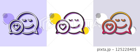 Comic speech bubble with Smile line icon. Halftone dotted pattern. Gradient icon with grain shadow. Chat emotion with heart sign. Line dating icon. Various designs. Vector 125228405