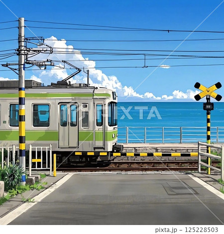 海辺の踏切を渡る電車と夏空の風景 125228503