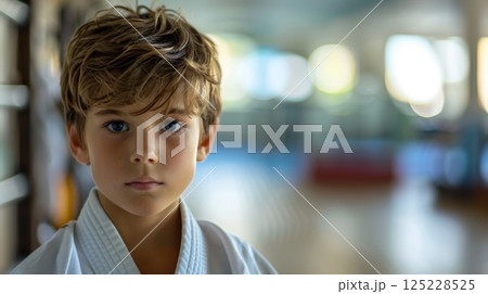 Young boy preparing for judo practice, showcasing determination and focus in his judo attire, as he gets ready to embrace the spirit of judo and enhance his skills in this exciting martial art 125228525
