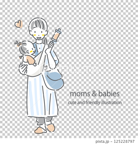 A young mother going out with her baby - Stylish and cute line drawing illustration A young mother going out with her baby - Stylish and cute line drawing illustration 125228797